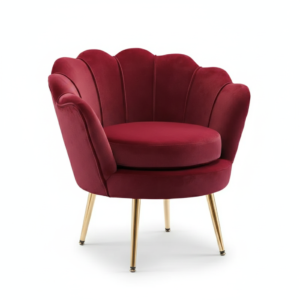 Fauteuil coquillage velours rouge bordeaux pieds dorés