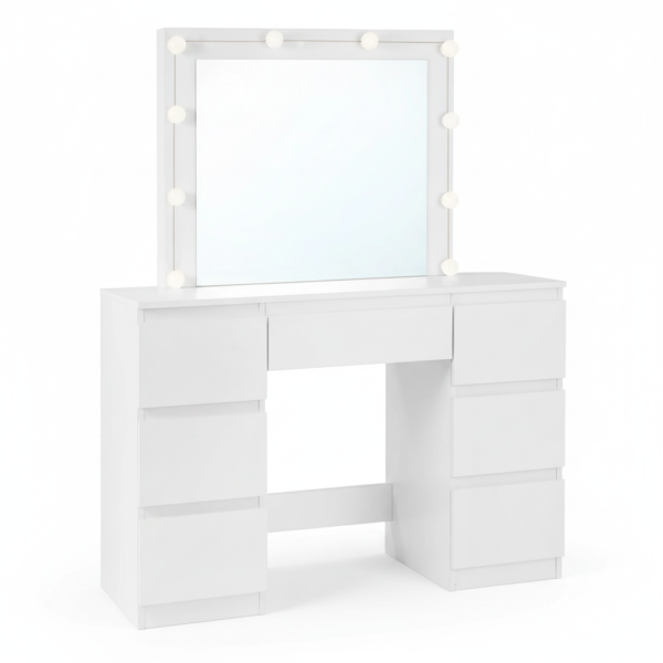Coiffeuse LED 7 tiroirs, plateau 110 cm - vue principale Coiffeuse LED 7 tiroirs, plateau 110 cm