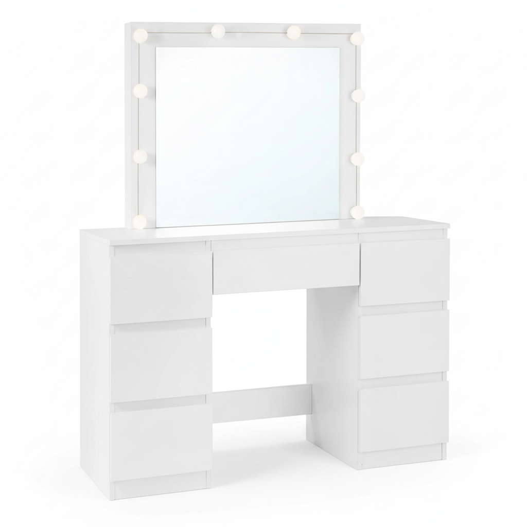 Coiffeuse LED 7 tiroirs, plateau 110 cm