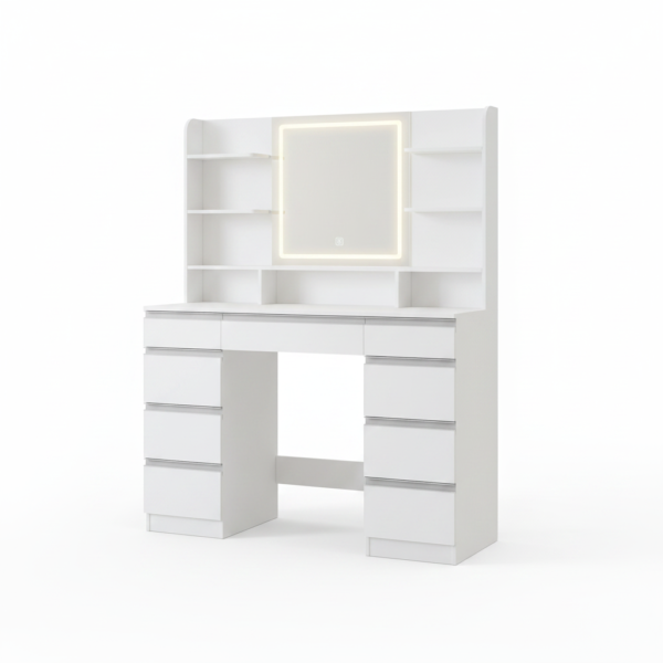 Grande coiffeuse LED 9 tiroirs, finition argent