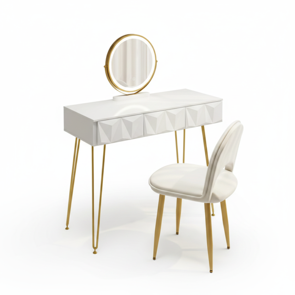 Ensemble coiffeuse blanche + chaise + miroir LED