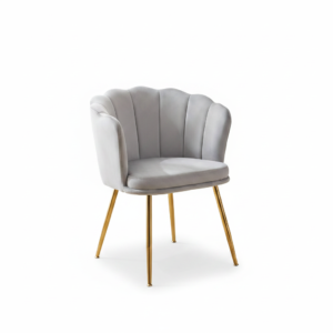 Fauteuil coiffeuse velours gris pétales, pieds dorés