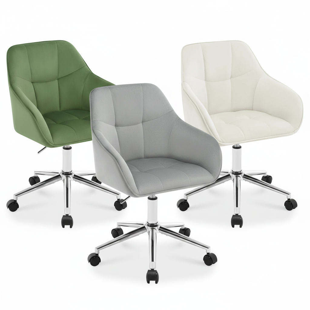 Chaise bureau velours capitonné damier, accoudoirs