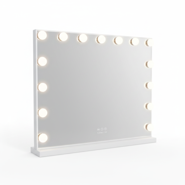 Miroir Hollywood 58×46 cm, 15 LED gradables, USB - vue principale Miroir Hollywood 58×46 cm, 15 LED gradables, USB