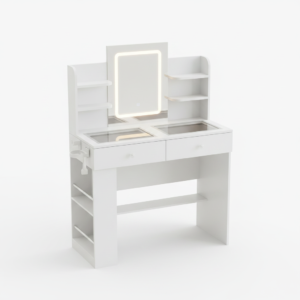 Coiffeuse blanche LED 2 tiroirs, plateau verre - vue principale