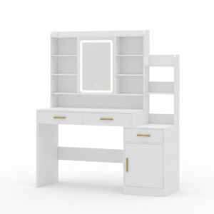Coiffeuse blanche LED 3 tiroirs avec rangements