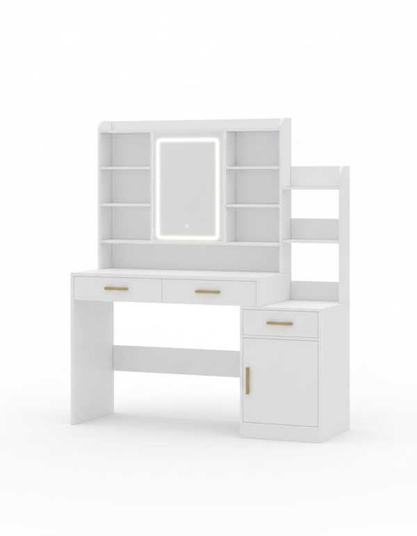 Coiffeuse blanche LED 3 tiroirs avec rangements