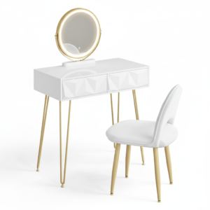 Pack coiffeuse blanche dorée + miroir LED + chaise