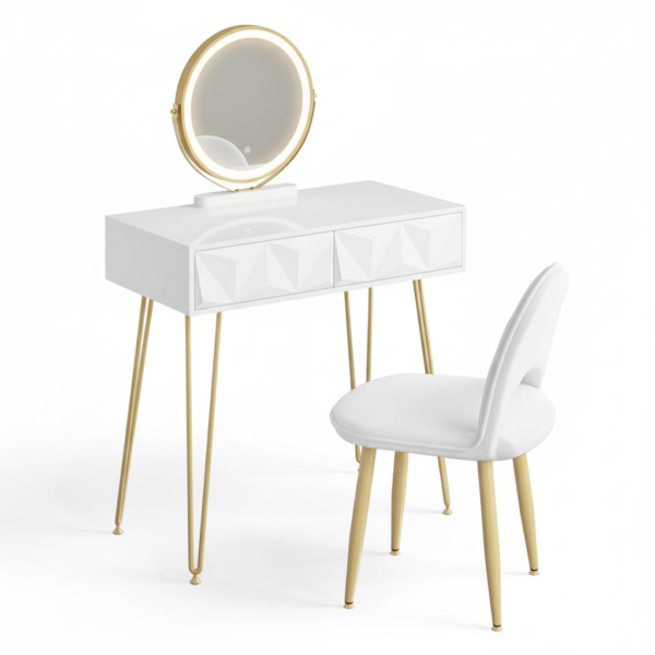 Pack coiffeuse blanche dorée + miroir LED + chaise