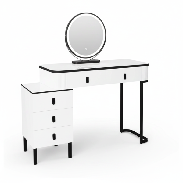 Coiffeuse blanche moderne avec miroir LED rond - vue principale Coiffeuse blanche moderne avec miroir LED rond