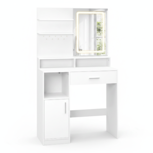 Coiffeuse compacte LED avec étagères et tiroir