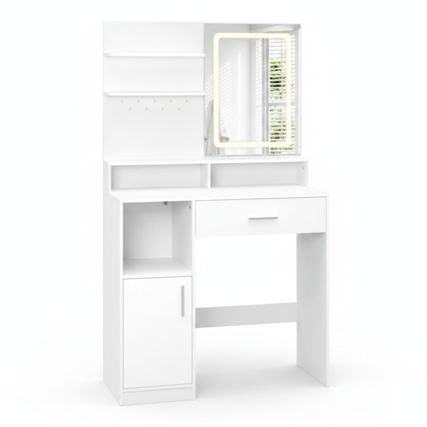 Coiffeuse compacte LED avec étagères et tiroir
