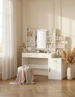 Coiffeuse blanche LED 3 tiroirs avec rangements en situation chambre boudoir