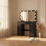 Coiffeuse noire Hollywood 11 LED, 7 tiroirs en situation chambre boudoir