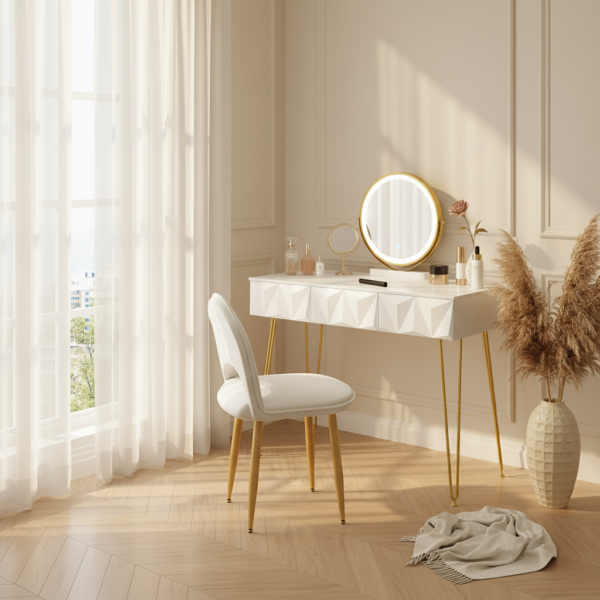 Ensemble coiffeuse blanche + chaise + miroir LED en situation chambre boudoir