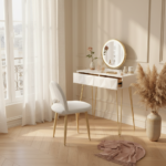 Pack coiffeuse blanche dorée + miroir LED + chaise en situation chambre boudoir