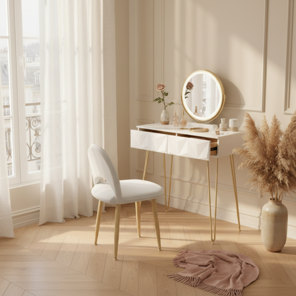 Pack coiffeuse blanche dorée + miroir LED + chaise en situation chambre boudoir