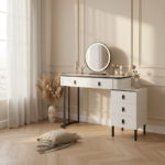 Coiffeuse blanche moderne avec miroir LED rond en situation chambre boudoir