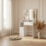 Coiffeuse compacte LED avec étagères et tiroir en situation chambre boudoir