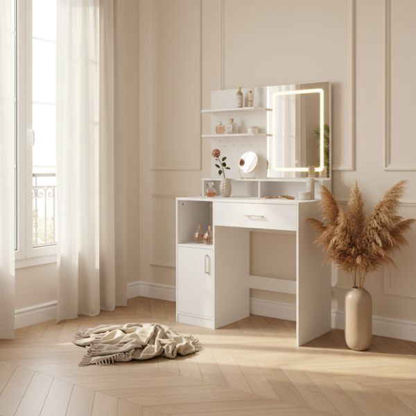Coiffeuse compacte LED avec étagères et tiroir en situation chambre boudoir