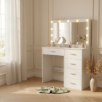 Coiffeuse Hollywood blanche 11 LED, 5 tiroirs en situation chambre boudoir