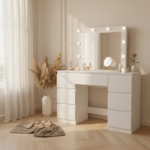 Coiffeuse LED 7 tiroirs, plateau 110 cm en situation chambre boudoir