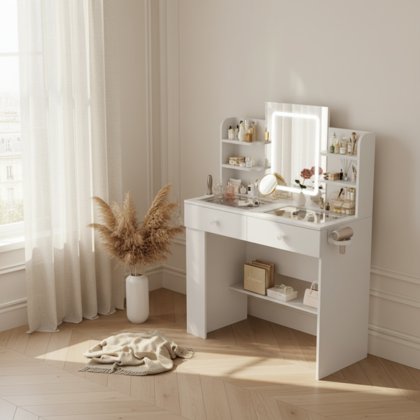 Coiffeuse blanche LED dans une chambre boudoir parisien