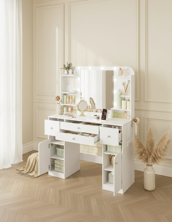 Coiffeuse LED 4 tiroirs avec support sèche-cheveux en situation chambre boudoir