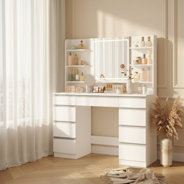 Grande coiffeuse LED 9 tiroirs, finition argent en situation chambre boudoir