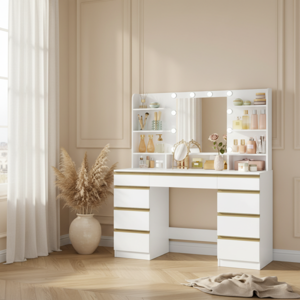 Coiffeuse style marocain blanche 10 LED globes en situation chambre boudoir