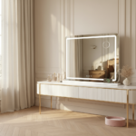 Miroir Hollywood posé sur coiffeuse blanche moderne