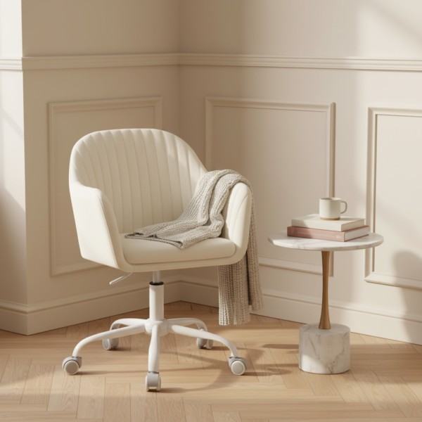 Chaise coiffeuse velours dossier haut, accoudoirs en situation coin lecture parisien