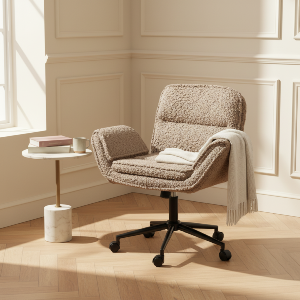 Fauteuil chambre sherpa beige avec accoudoirs en situation coin lecture parisien
