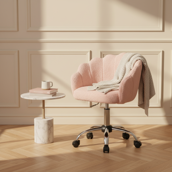 Chaise coiffeuse coquillage pivotante, pieds chromés en situation coin lecture parisien