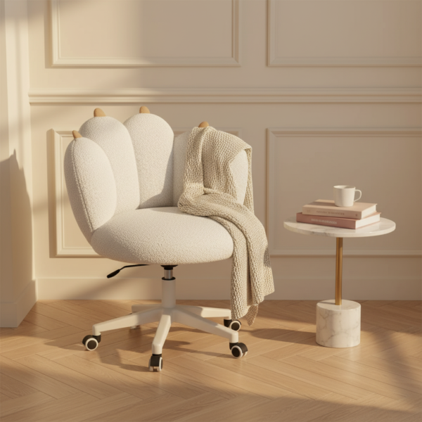Chaise coiffeuse bouclette pivotante à roulettes en situation coin lecture parisien