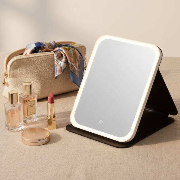 Mini miroir LED en situation voyage avec accessoires beauté