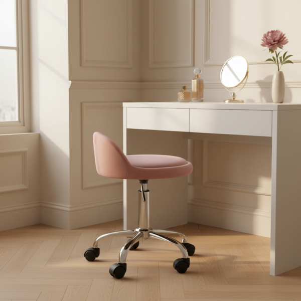 Tabouret rose sous coiffeuse blanche moderne