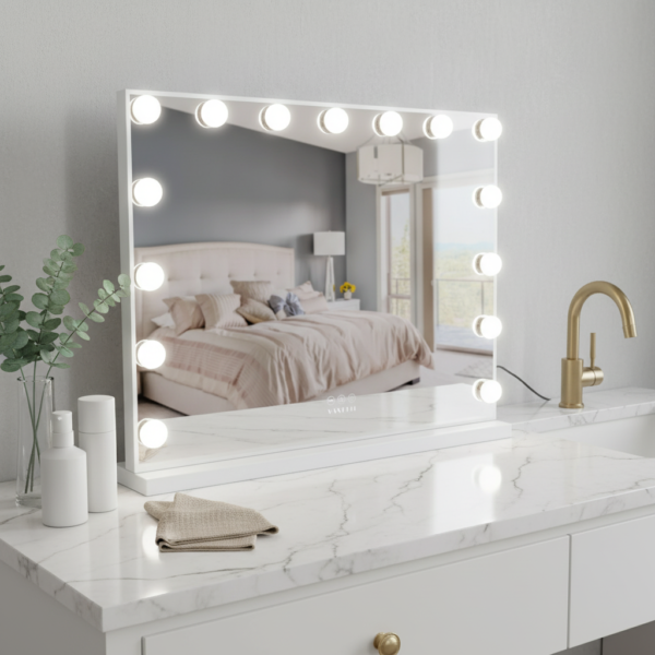 Miroir Hollywood 58×46 cm, 15 LED gradables, USB en ambiance
