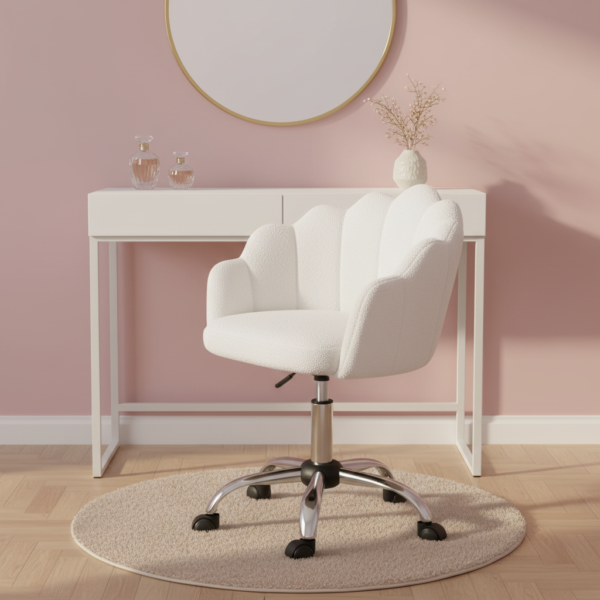 Chaise coiffeuse coquillage avec accoudoirs à côté coiffeuse en chambre rose