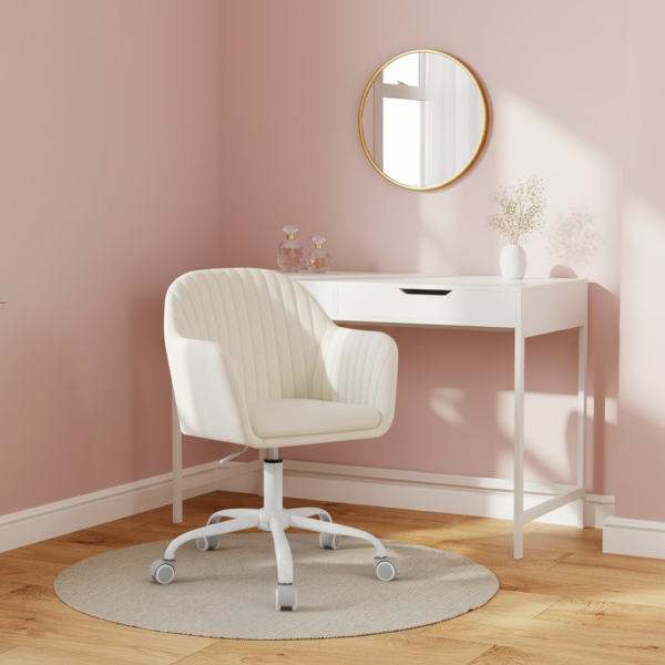 Chaise coiffeuse velours dossier haut, accoudoirs à côté coiffeuse en chambre rose