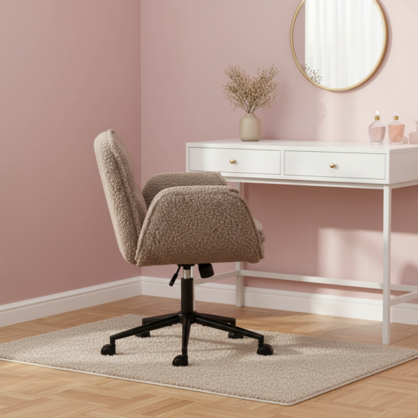 Fauteuil chambre sherpa beige avec accoudoirs à côté coiffeuse en chambre rose