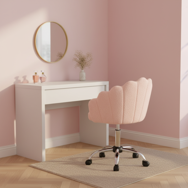 Chaise coiffeuse coquillage pivotante, pieds chromés à côté coiffeuse en chambre rose