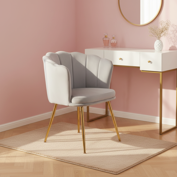 Fauteuil coiffeuse velours gris pétales, pieds dorés à côté coiffeuse en chambre rose