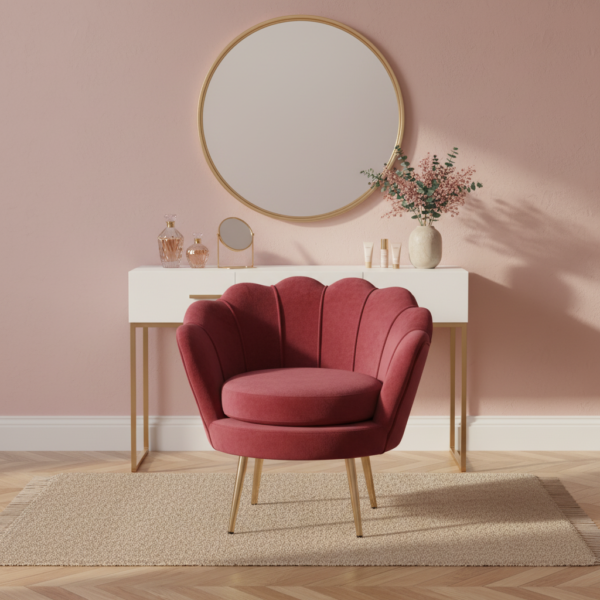 Fauteuil rouge à côté coiffeuse blanche en chambre rose poudré