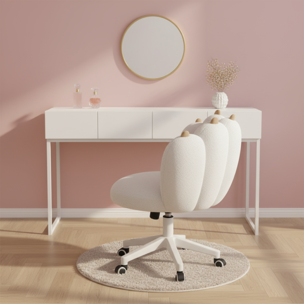 Chaise coiffeuse bouclette pivotante à roulettes à côté coiffeuse en chambre rose