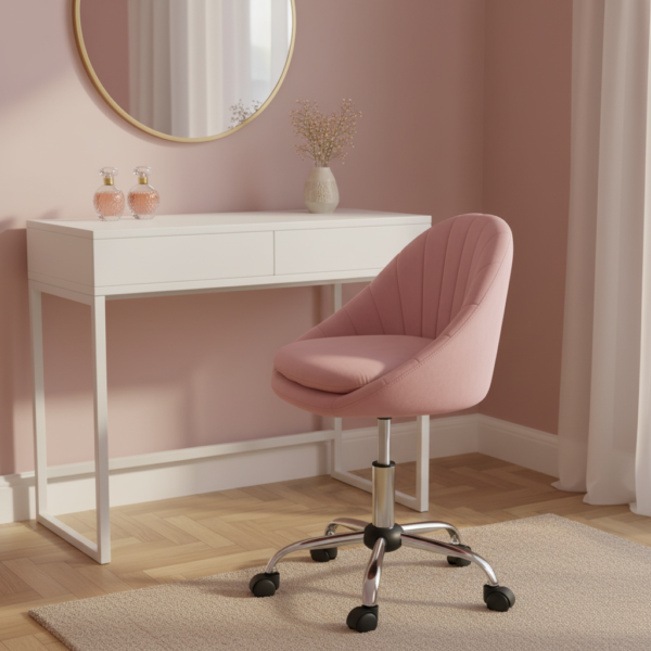 Chaise coiffeuse velours pivotante à roulettes à côté coiffeuse en chambre rose