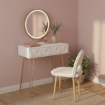 Pack coiffeuse blanche dorée + miroir LED + chaise coin maquillage rose poudré