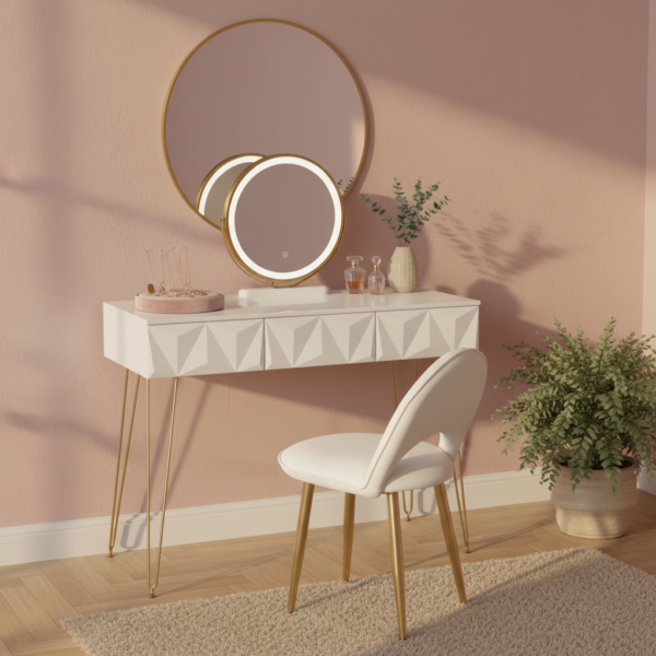 Ensemble coiffeuse blanche + chaise + miroir LED coin maquillage rose poudré