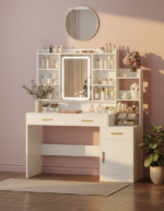 Coiffeuse blanche LED 3 tiroirs avec rangements coin maquillage rose poudré