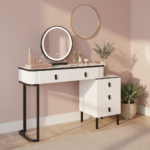 Coiffeuse blanche moderne avec miroir LED rond coin maquillage rose poudré